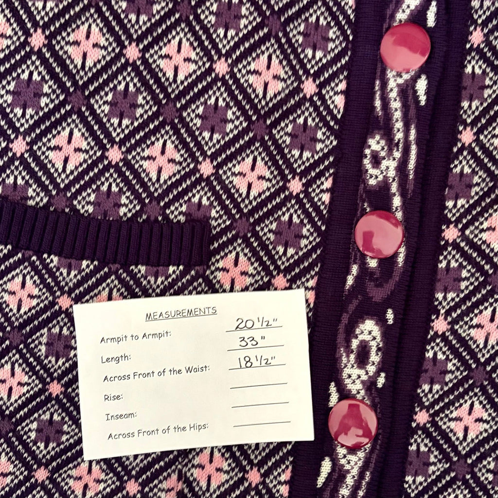 COSY WOOL by Elson Purple Geometric Cardigan Sweater Belted Tie Waist Size 38