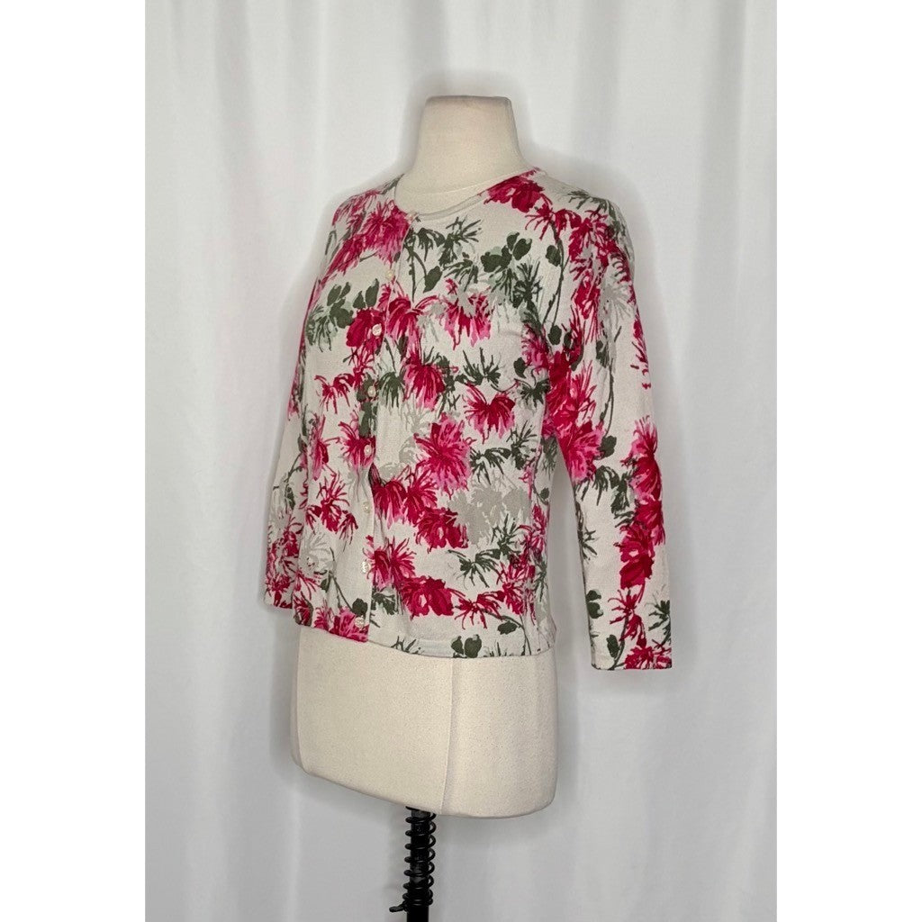 NEW!! GARNET HILL Merino Wool Cardigan Sweater Floral Gray Pink Preppy Small