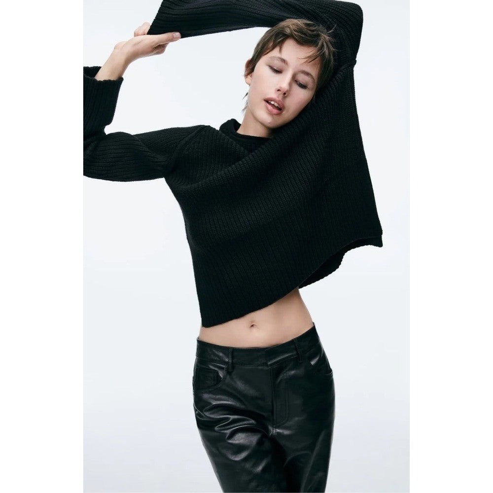 ZARA Wool Blend Solid Black Shaker Knit Pullover Sweater Minimalist Medium