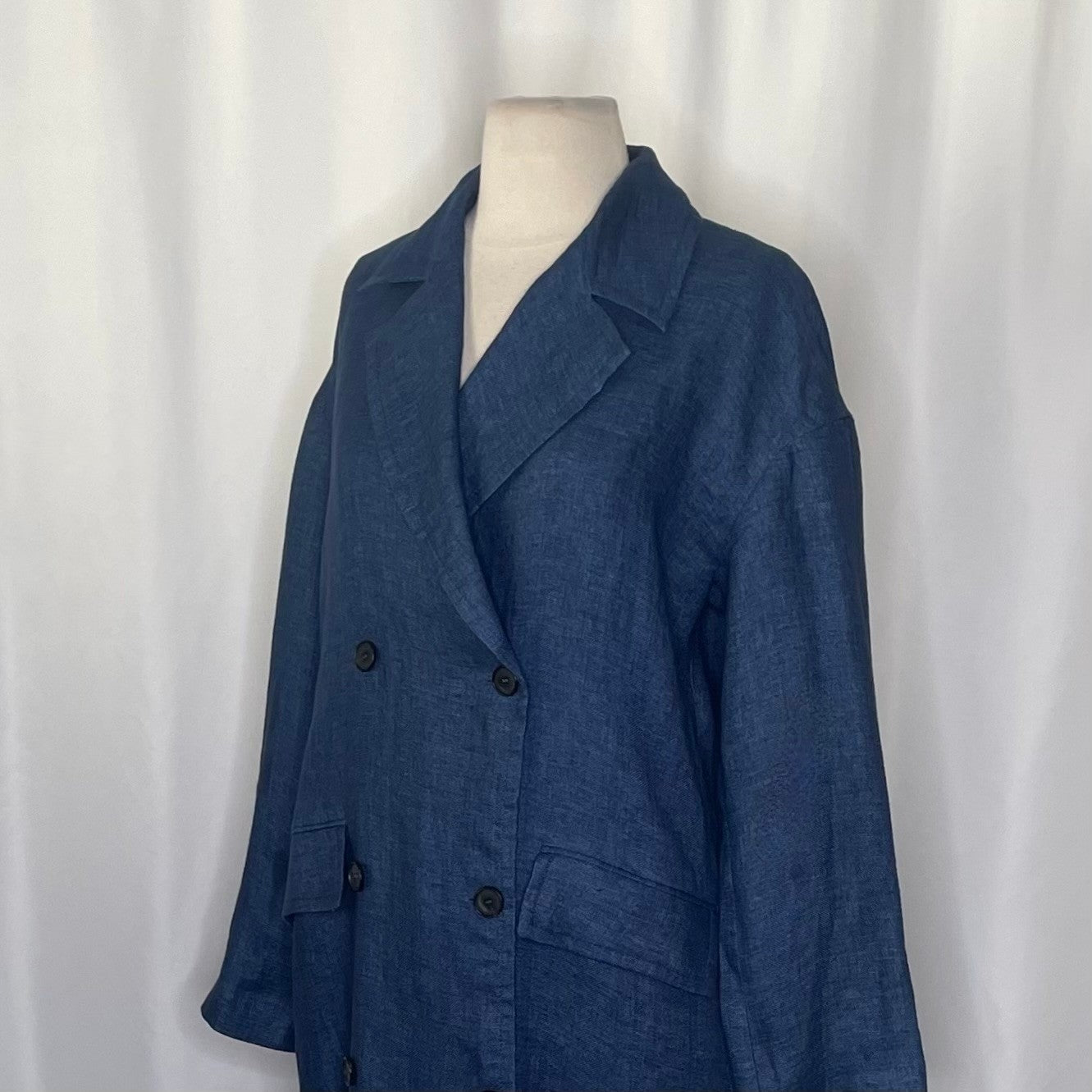 ZARA Limited Edition Linen Coat Buttons Pockets Double Breasted Blue X-Small