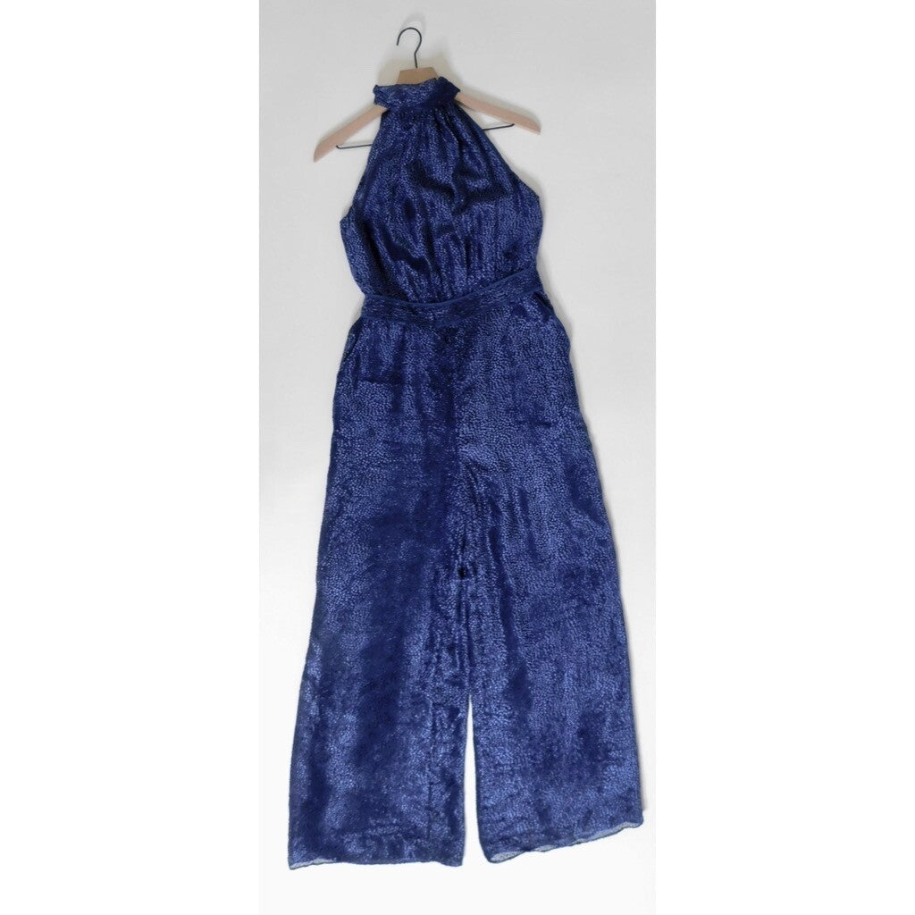 Anthropologie ELEVENSES Velvet Nova Jumpsuit Mock Neck Textured Blue Size 6