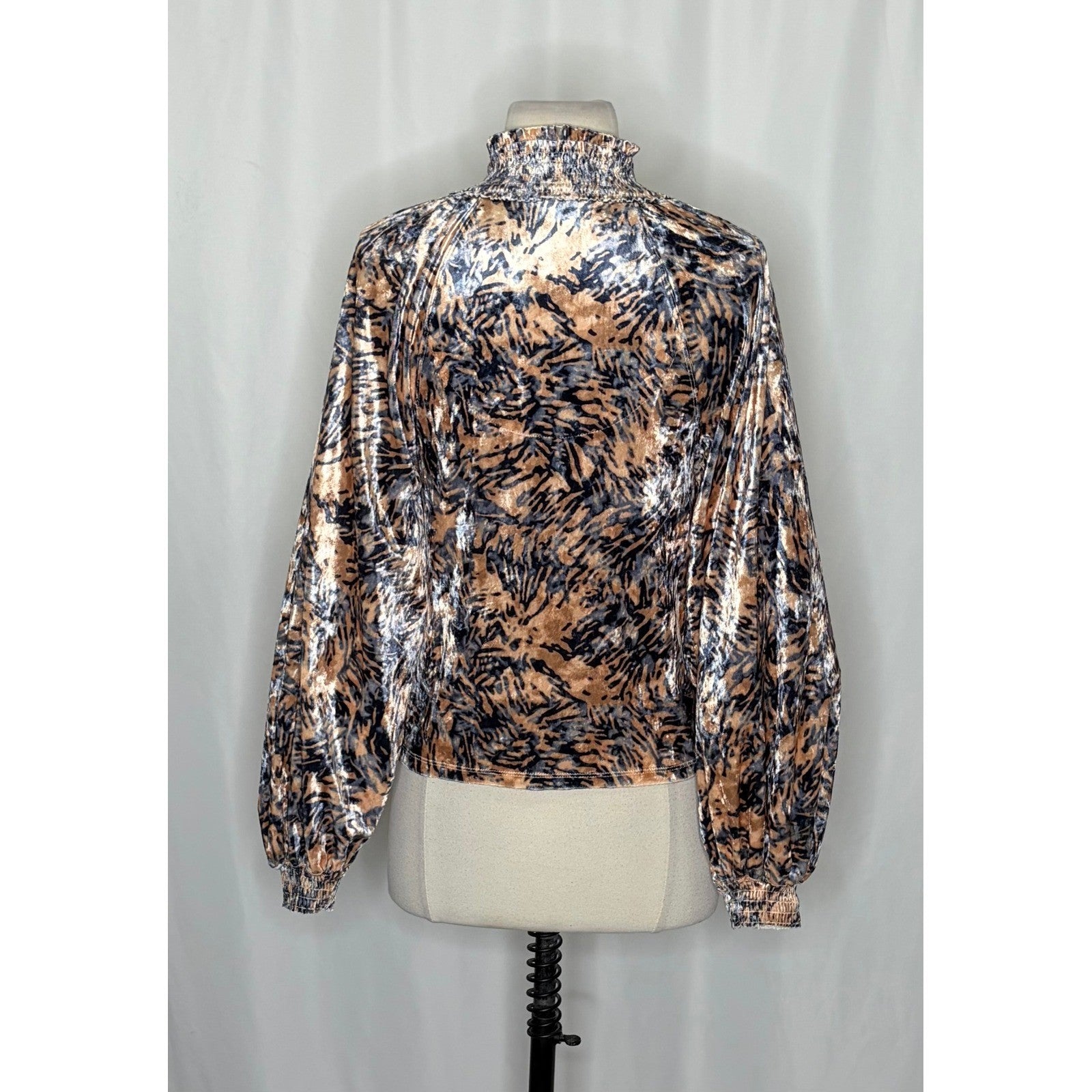 FREE PEOPLE Smocked Crushed Velvet Top Blouse Go Get 'Em Tiger Animal Small
