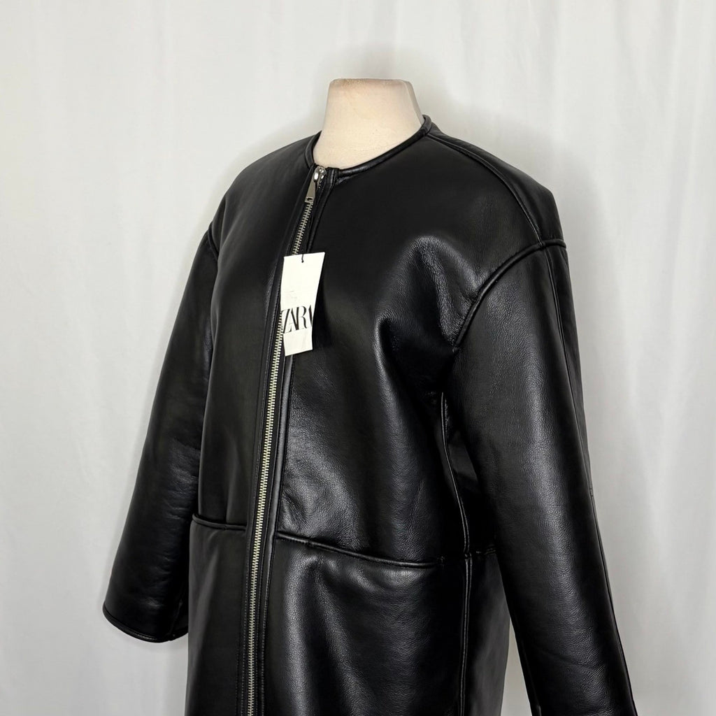 NWT!! ZARA ZW Collection Double Faced Coat Jacket Black Fleece Lining Small