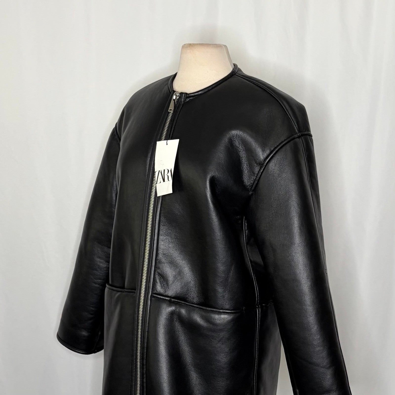 NWT!! ZARA ZW Collection Double Faced Coat Jacket Black Fleece Lining Small