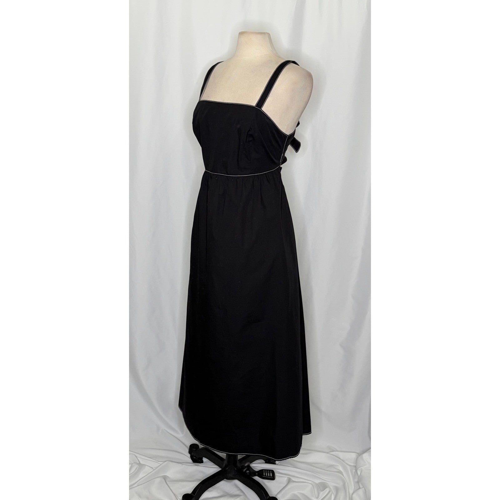 ZARA Luiza Black Midi Dress Tie Back Contrast Stitching Pockets Poplin X-Large