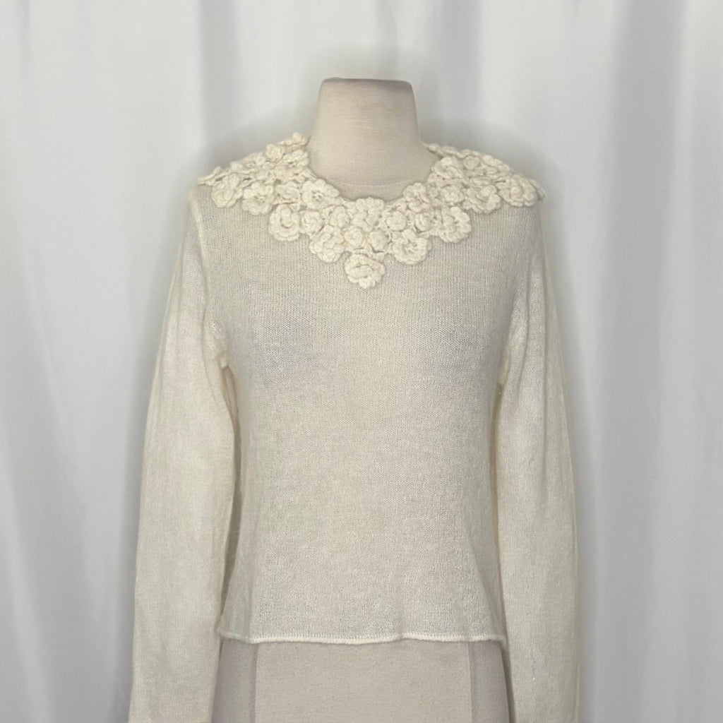 ZARA Alpaca Wool Ecru Crochet Flower Appliqué Sweater Blogger Favorite Small