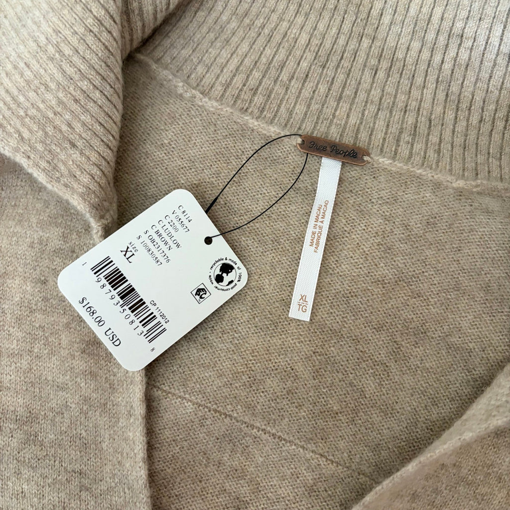 NWT!! FREE PEOPLE Eloura Cashmere Henley Sweater Solid Light Brown Tan X-Large