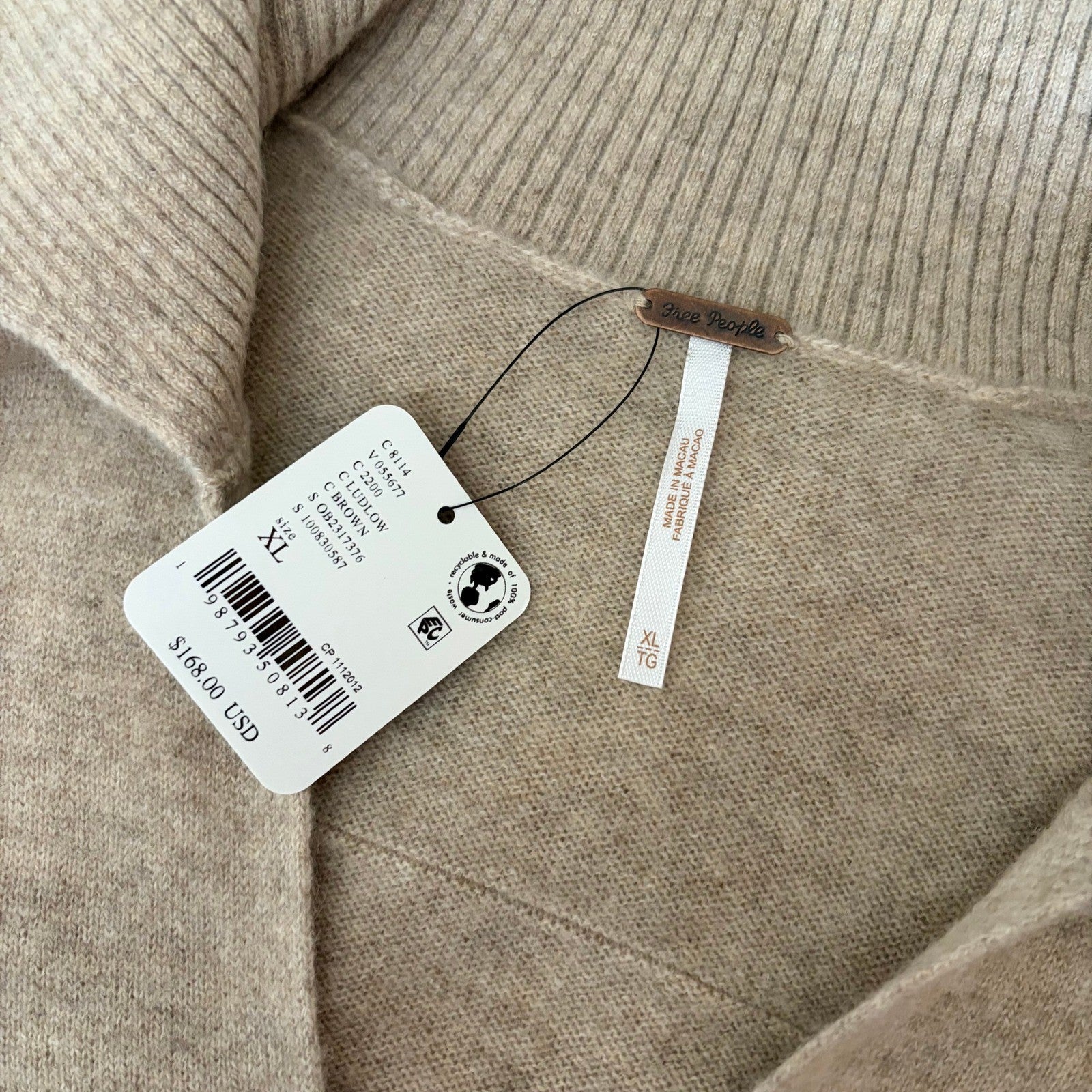 NWT!! FREE PEOPLE Eloura Cashmere Henley Sweater Solid Light Brown Tan X-Large