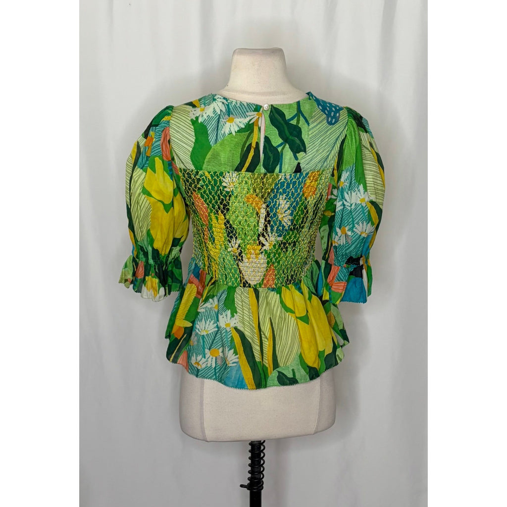 NEW!! FARM RIO Vintage Toucans Smocked Peplum Top Blouse Tropical Small