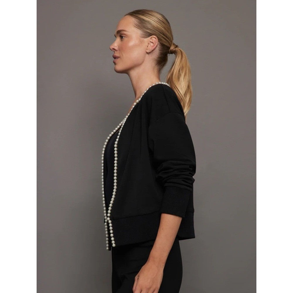CARBON38 Pearl Cardigan Sweater Black Embellished Preppy Knitwear Sporty Medium