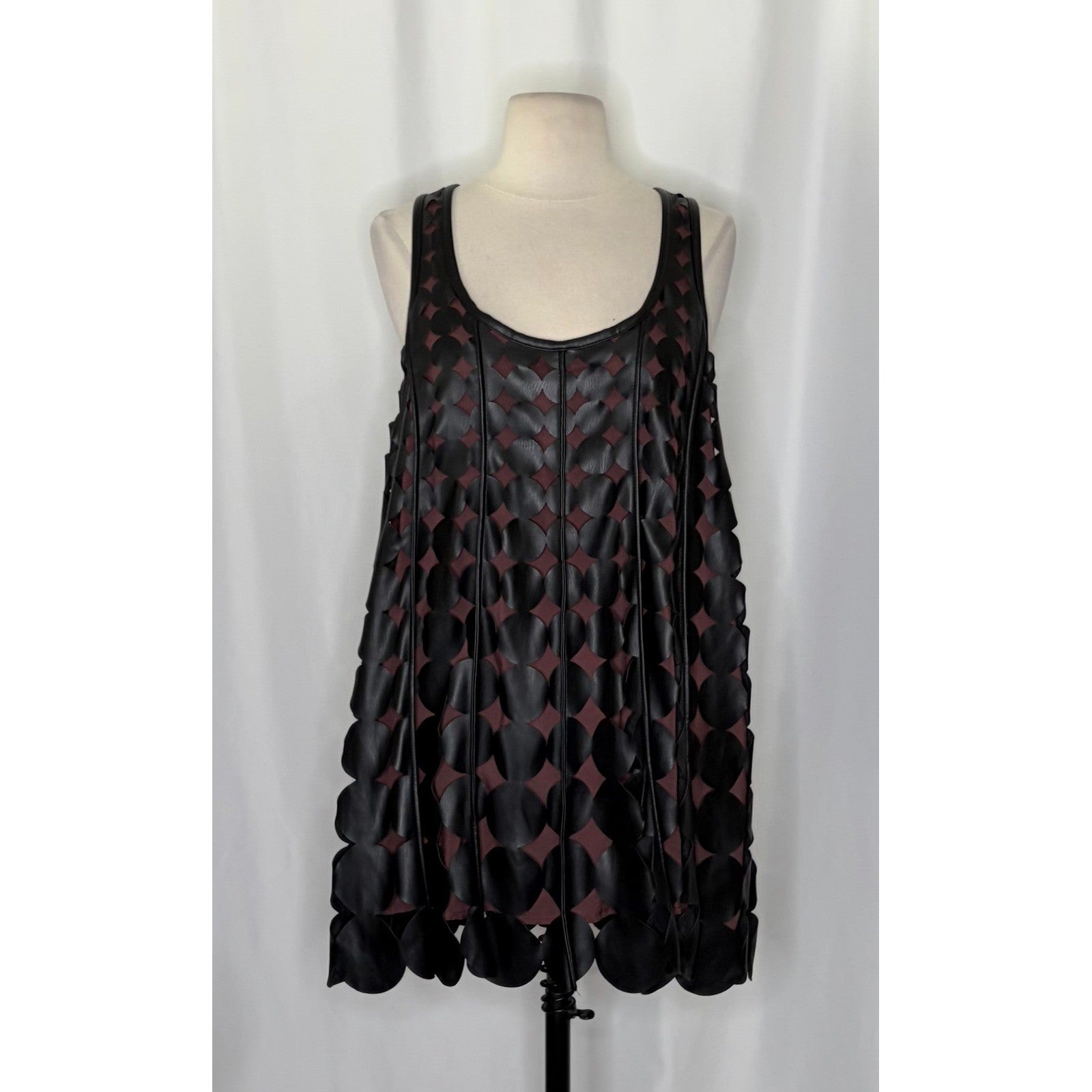 Anthropologie MAEVE Faux Leather Sleeveless Swing Dress Black Circles Mini Small