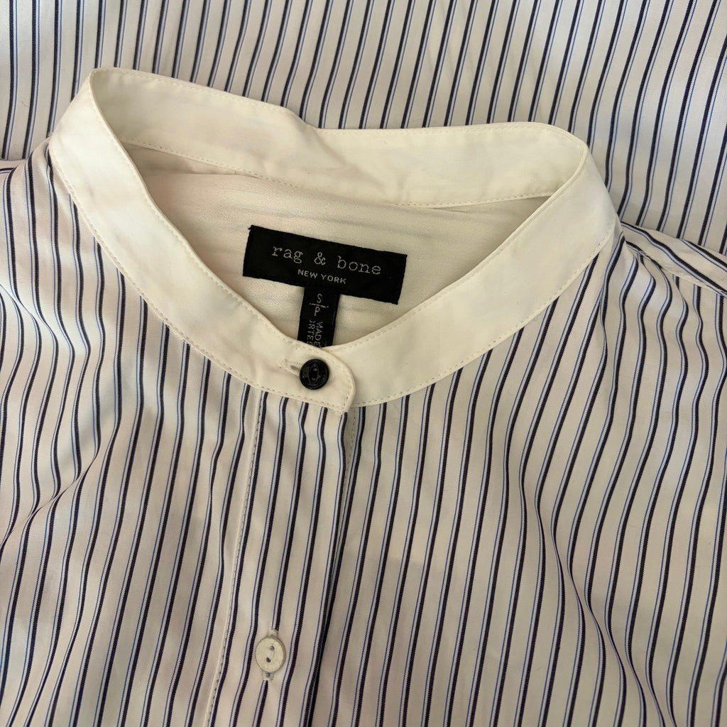 RAG & BONE Dylan Silk Tie Sleeve Striped Blouse Blue White Popover Poplin Small