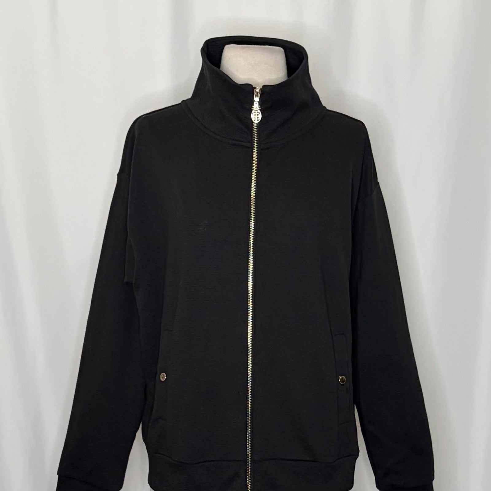 TOMMY BAHAMA Black Ribbed Knit Full Zip Jacket Gold Pineapple Hardware Medium