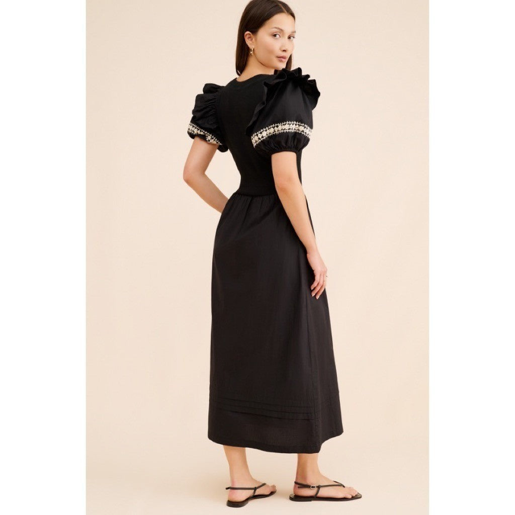 NWT!! CLEOBELLA Selma Midi Dress Embroidered Black Ruffle Puff Sleeves X-Small