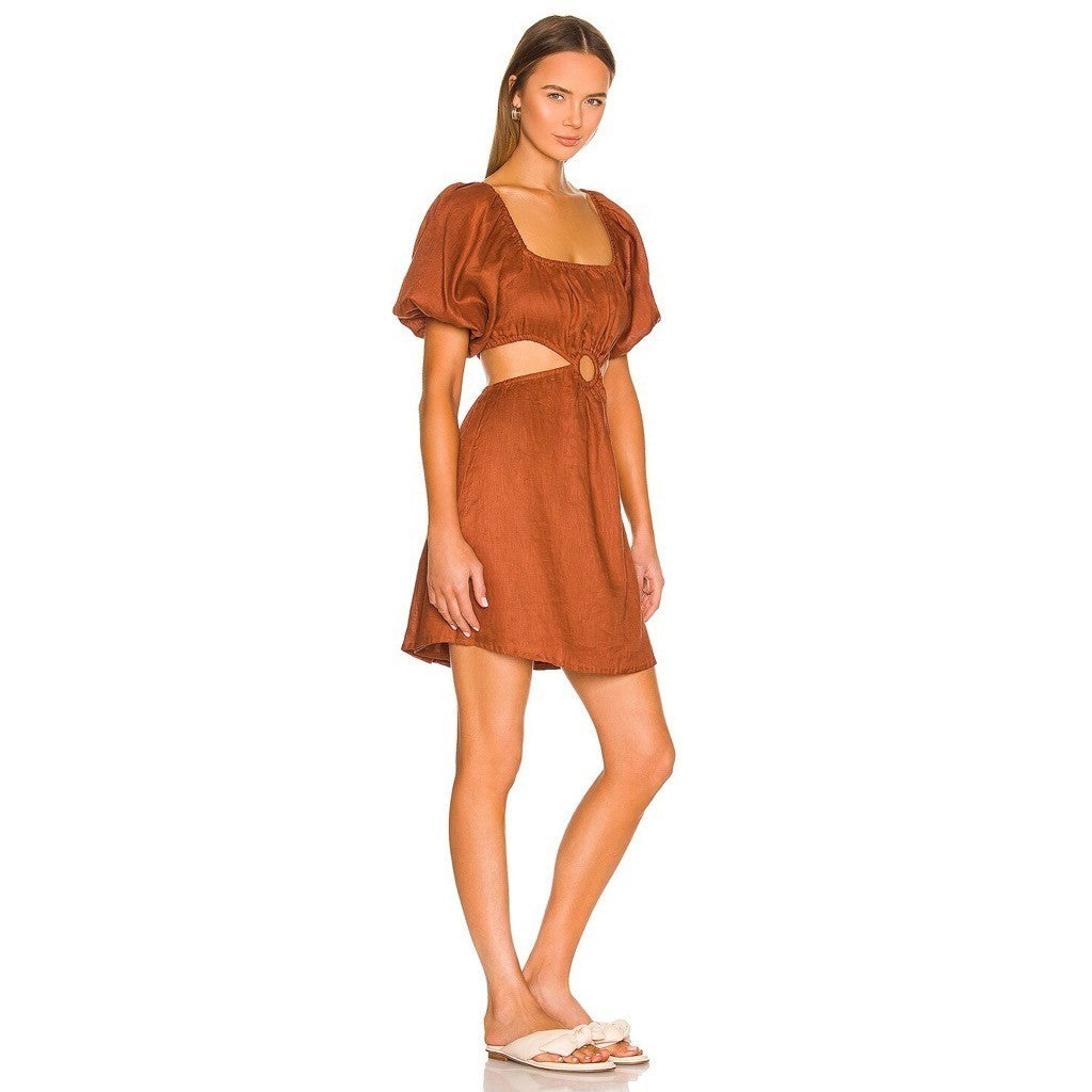 Revolve FAITHFULL THE BRAND Almero Linen Dress Brown Plain Spice Party X-Small