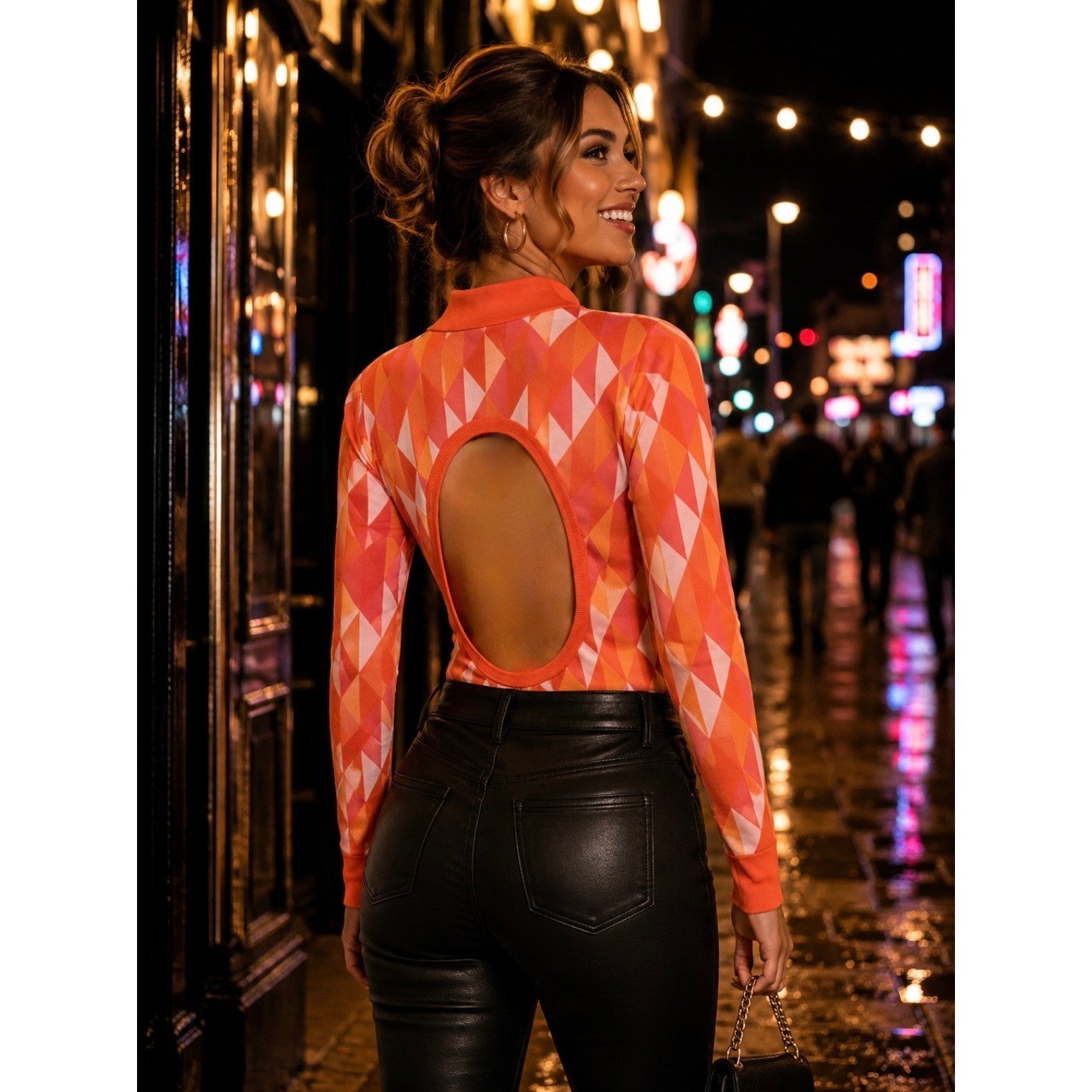 DODO BAR OR Orange Geometric Bodysuit Cutout Back Knit Colorful Cheeky 42 / US 4