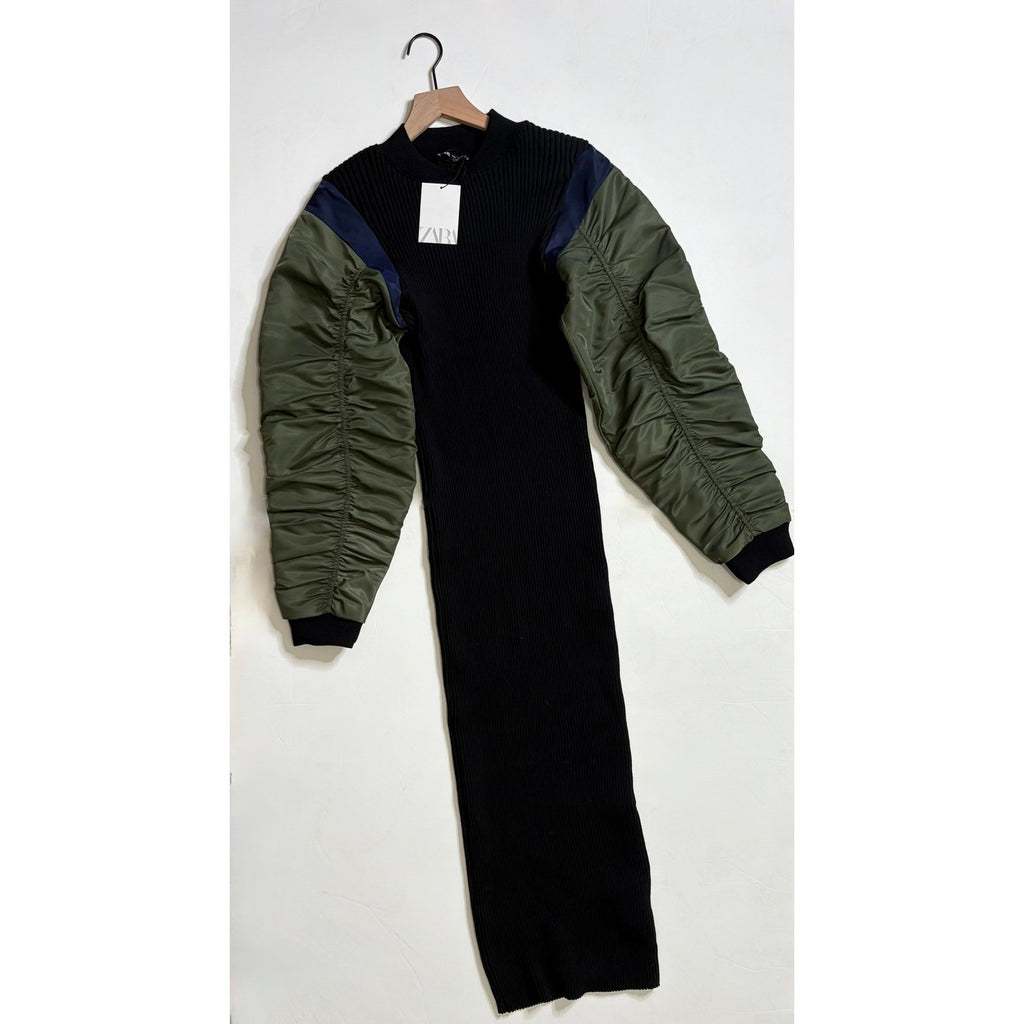 NWT!! ZARA Contrast Nylon Midi Dress Ribbed Knit Olive Green Black Blue Large