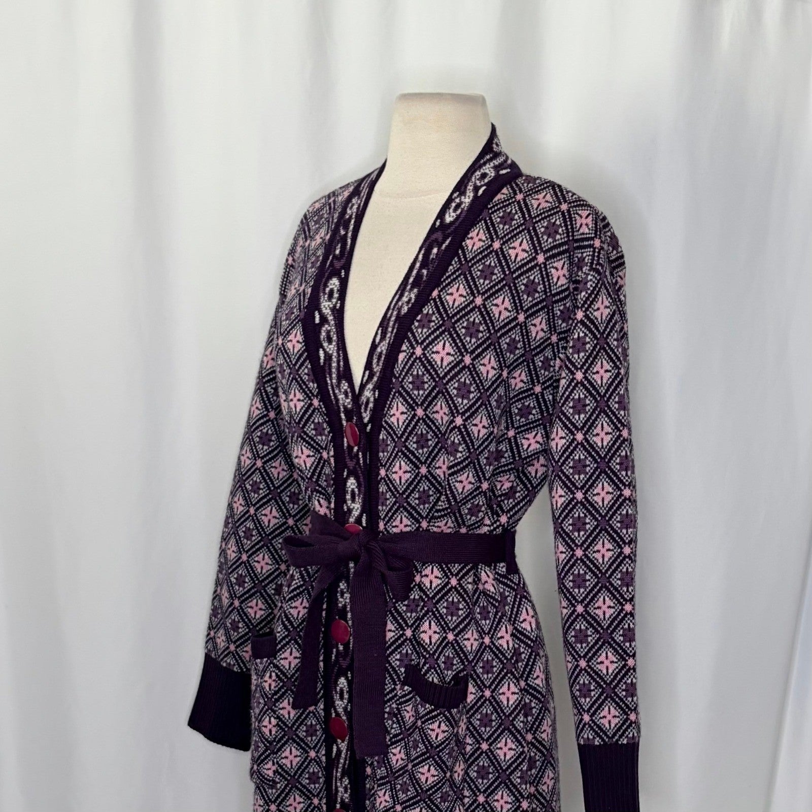 COSY WOOL by Elson Purple Geometric Cardigan Sweater Belted Tie Waist Size 38