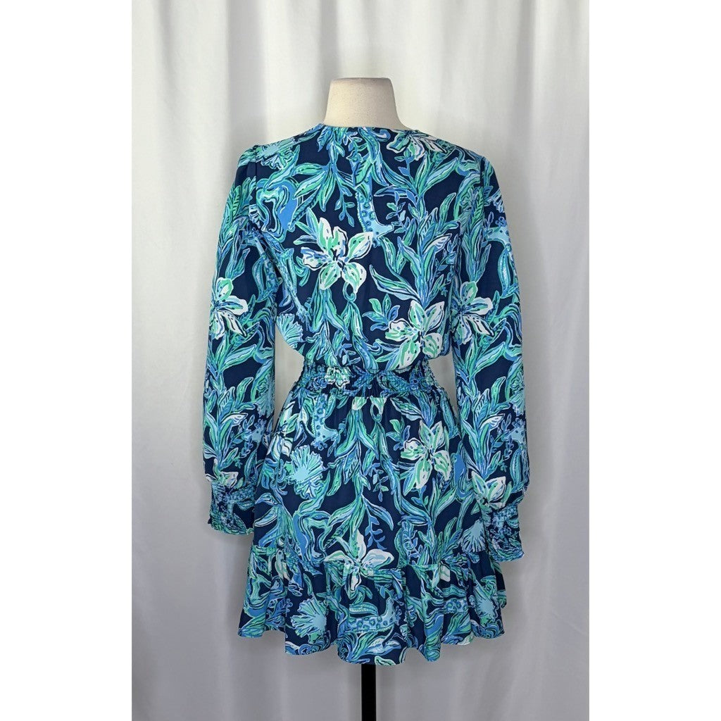 LILLY PULITZER Cristiana Dress High Tide Navy Take It Or Leaf It Smocked 0