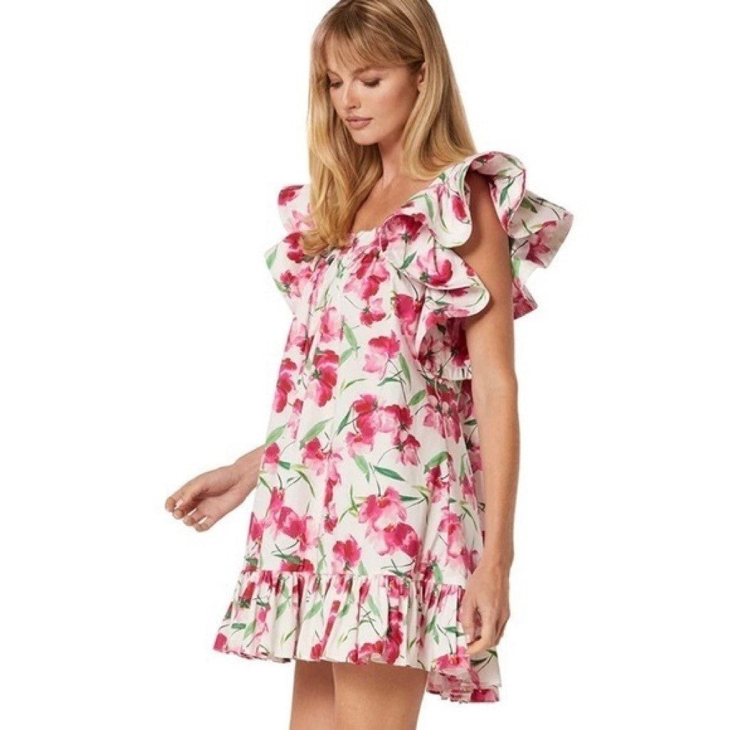 MISA Los Angeles Selma Floral Dress Ruffled A-Line Mini White Pink X-Small