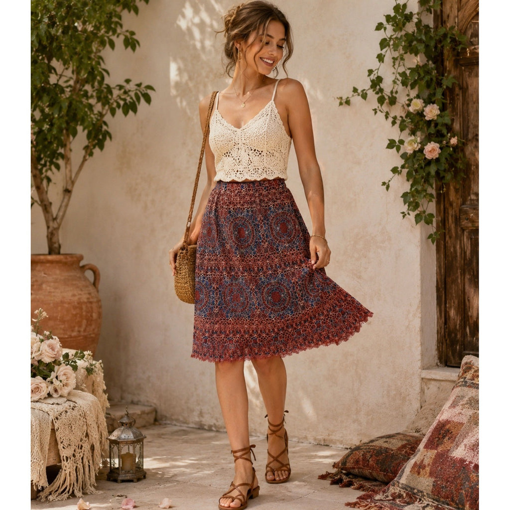 SUNDANCE Elisa Lace Skirt Bohemian Feminine Coquette Scalloped Hem Medium