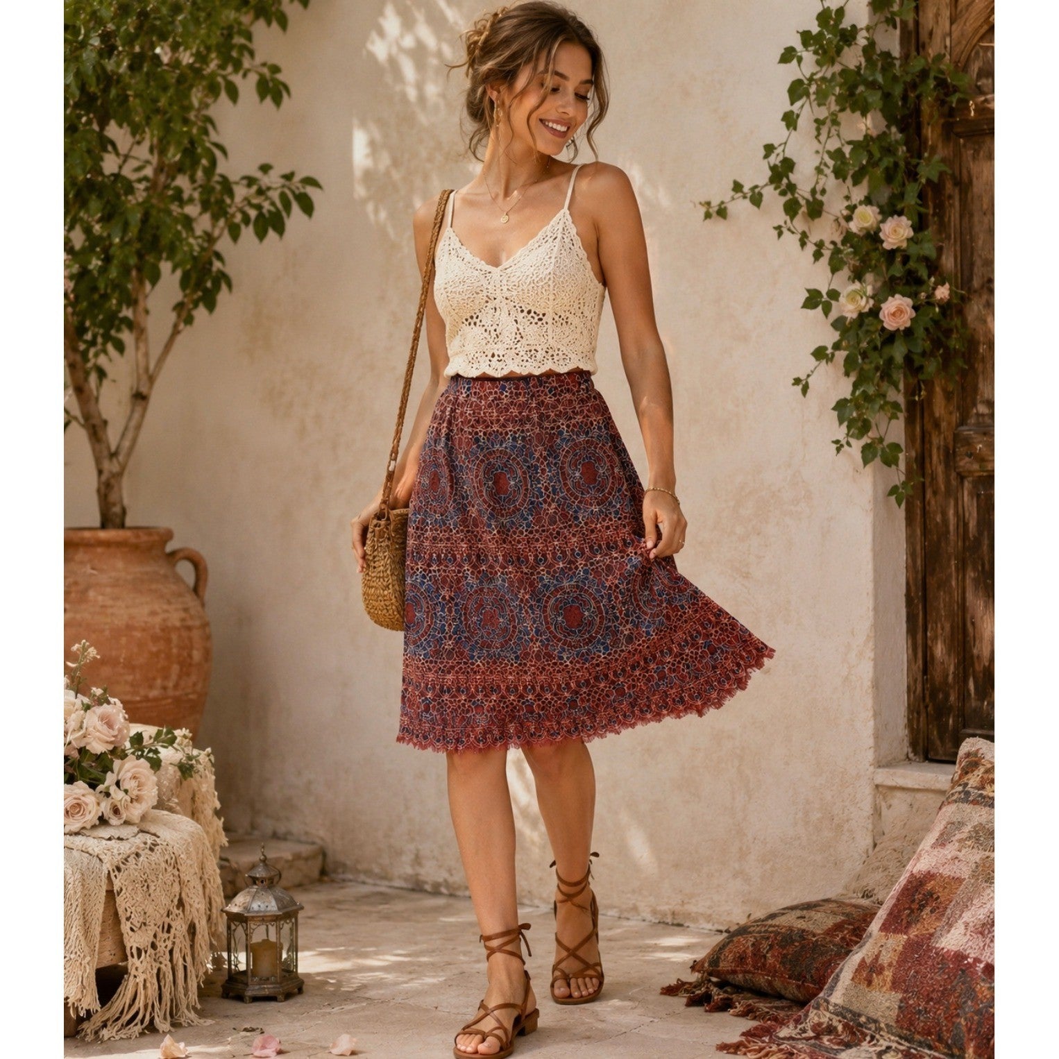 SUNDANCE Elisa Lace Skirt Bohemian Feminine Coquette Scalloped Hem Medium