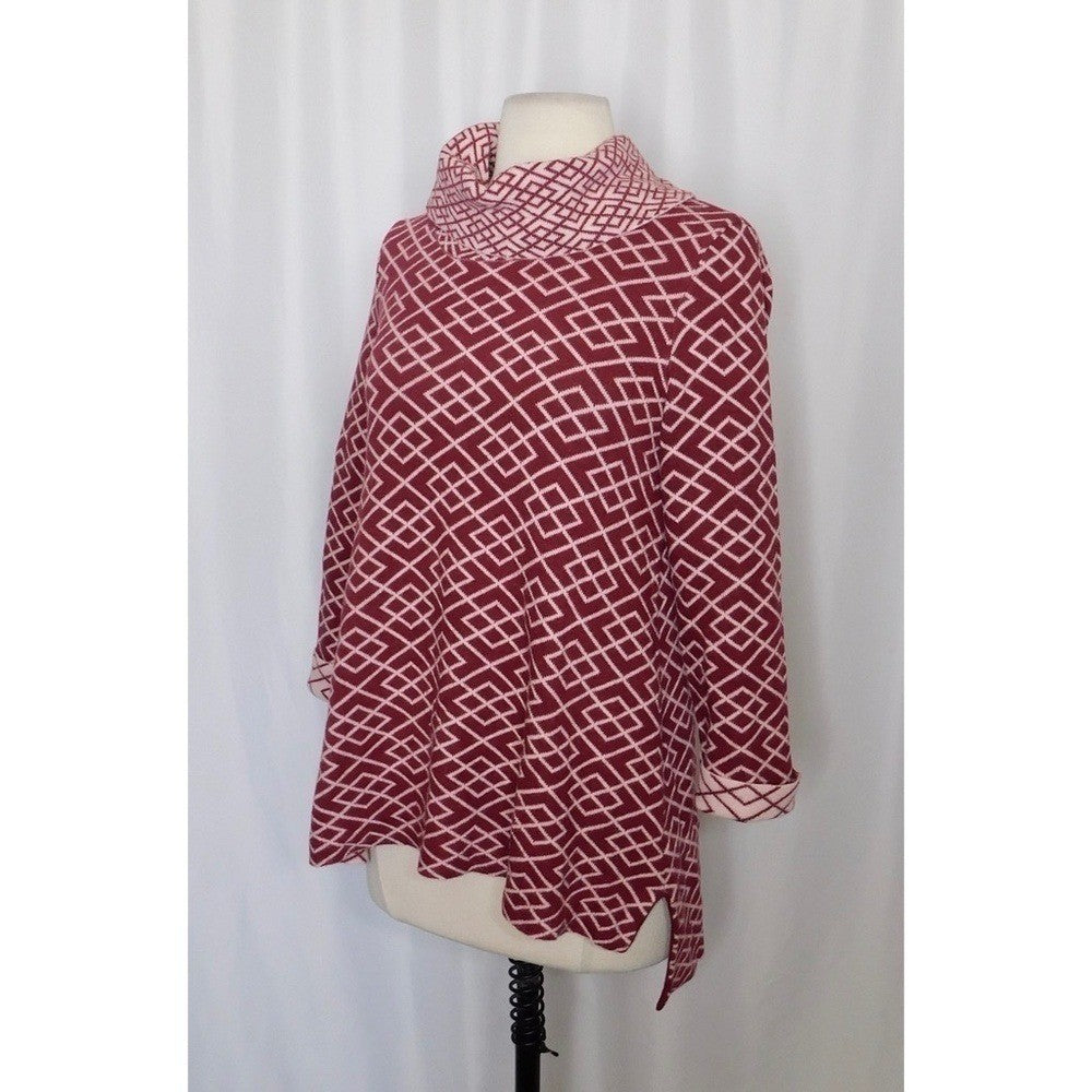 Anthropologie MOTH Galena Cowl Neck Sweater Maroon Pink Jacquard Geometric Small