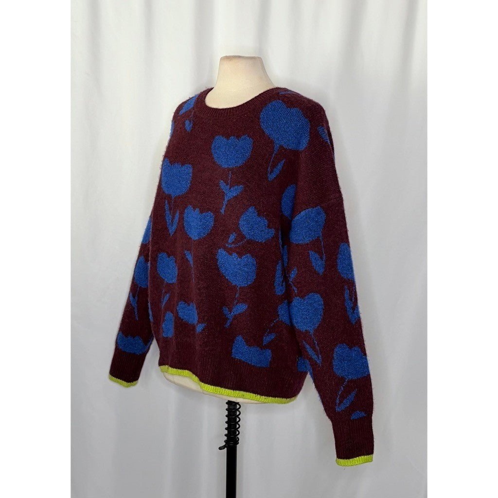 SCOTCH & SODA Crewneck Tulip Intarsia Pullover Sweater Burgundy Blue Large