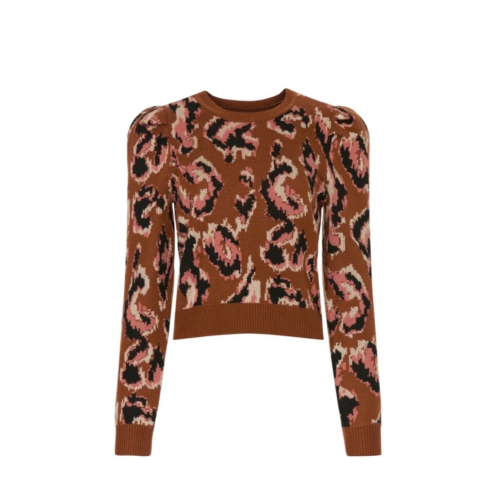 DEREK LAM Collective Brown Animal Print Sweater Leopard Puff Sleeves Large