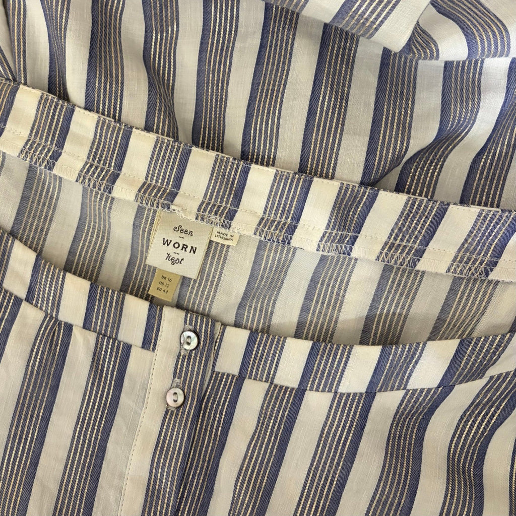 Anthropologie SEEN WORN KEPT Jenna Lurex Stripe Dress Blue White Midi Size 12