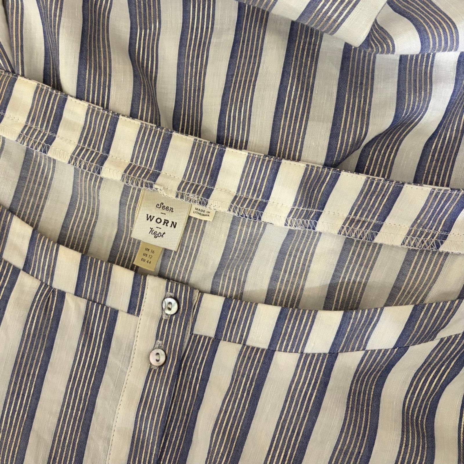 Anthropologie SEEN WORN KEPT Jenna Lurex Stripe Dress Blue White Midi Size 12