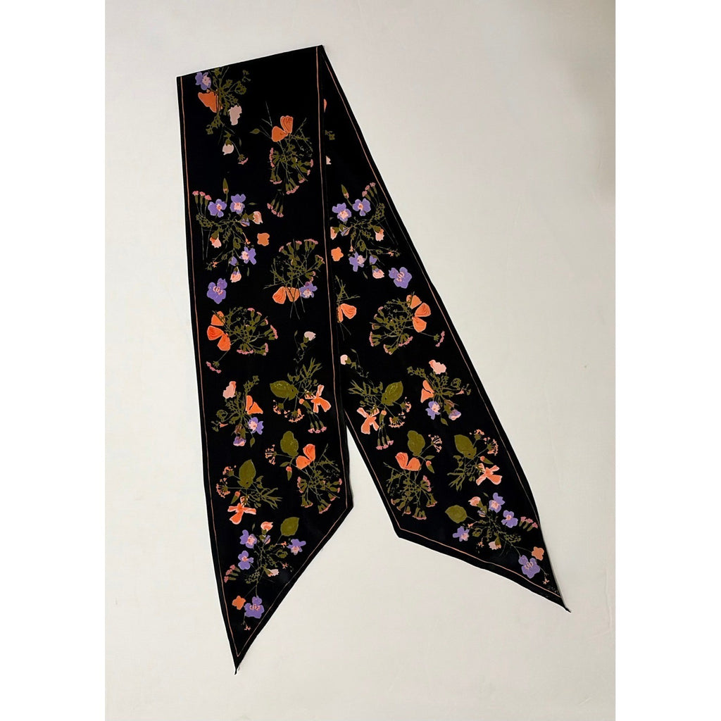 Vintage VERA NEUMANN Rectangle Floral Scarf Black Accessory Twilly Pink Green
