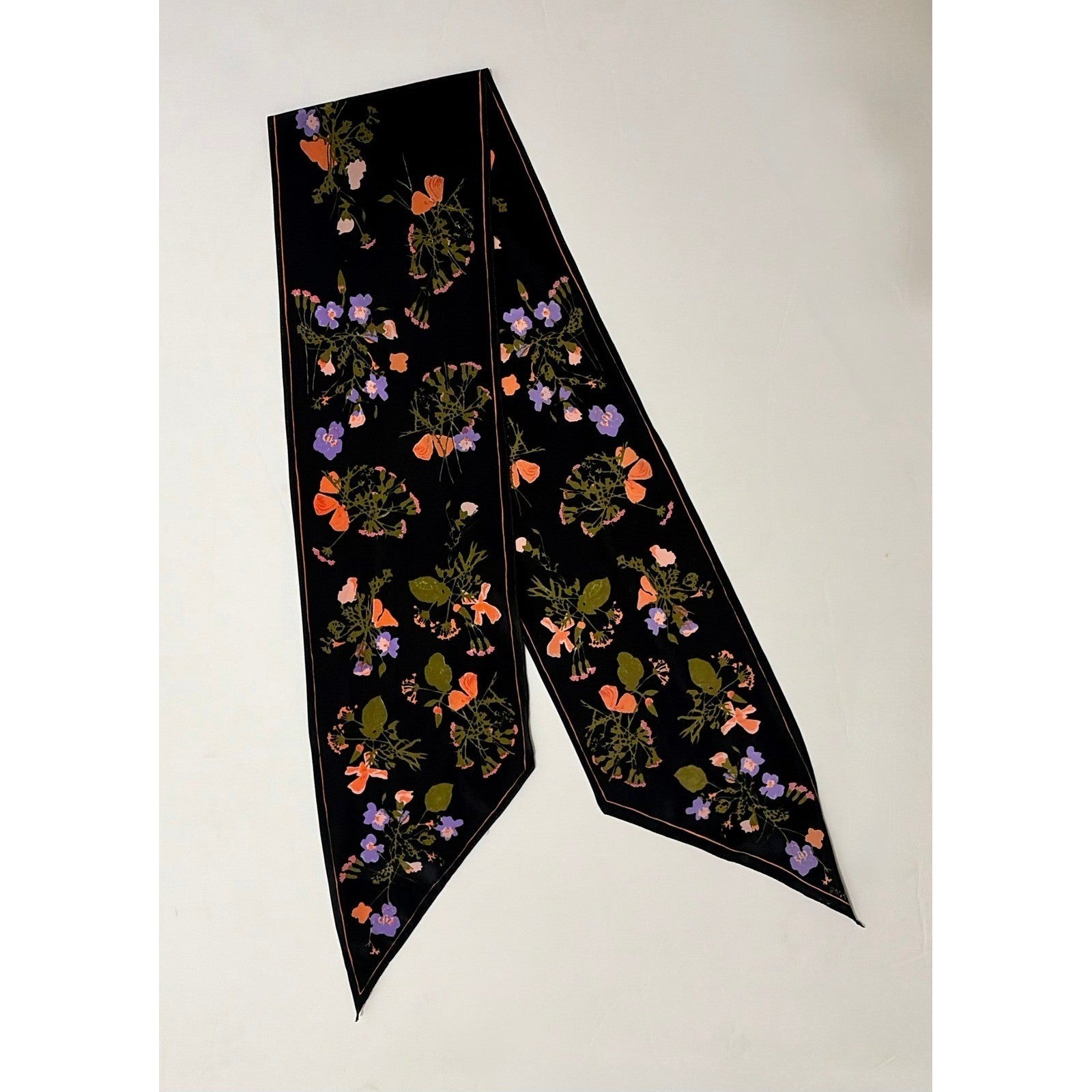 Vintage VERA NEUMANN Rectangle Floral Scarf Black Accessory Twilly Pink Green