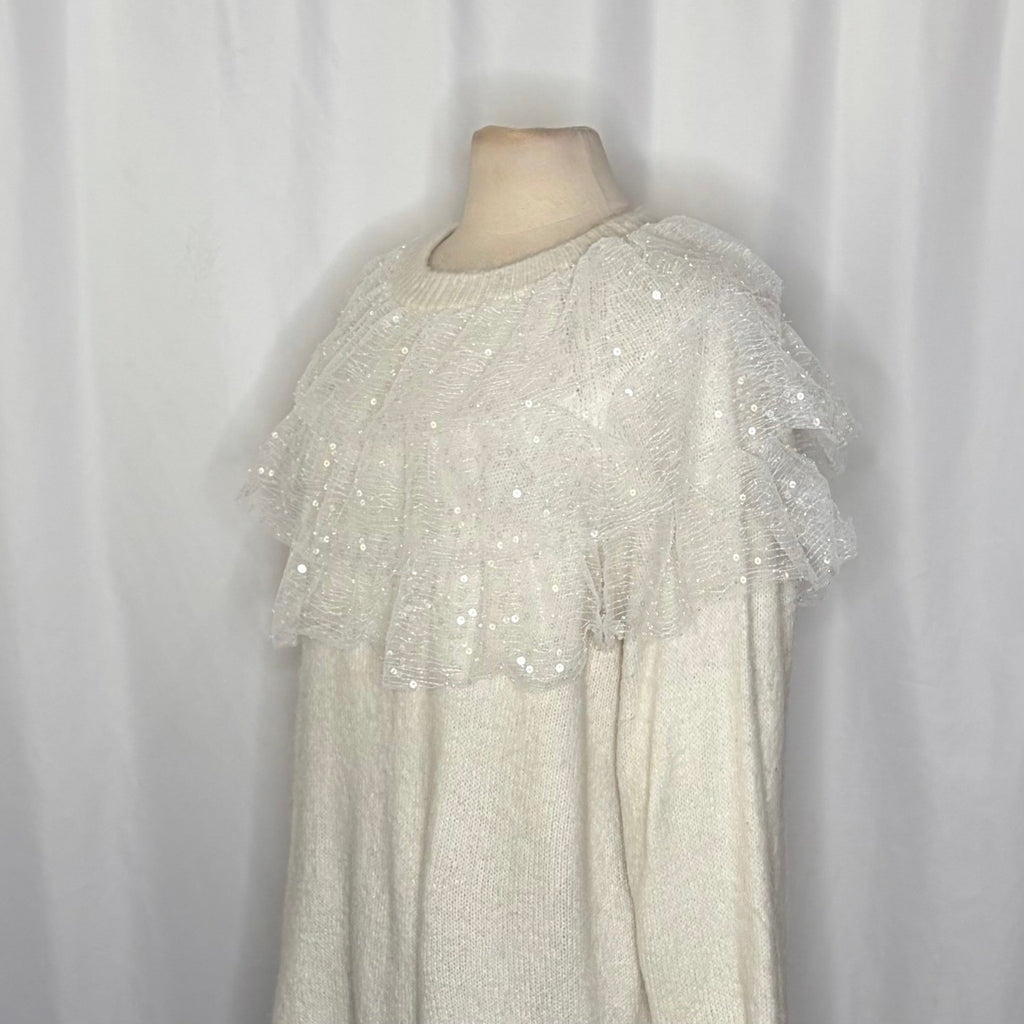NWT!! ZARA Chic Tulle Ruffled Sequins Knit Sweater Off White Pullover Medium