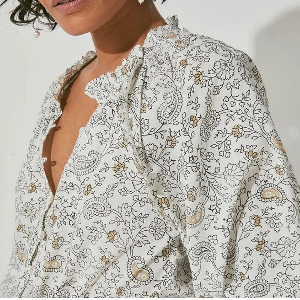 CLEOBELLA Ivy Blouse Woodblock Floral Paisley Print Top Smocked Ruffled Small