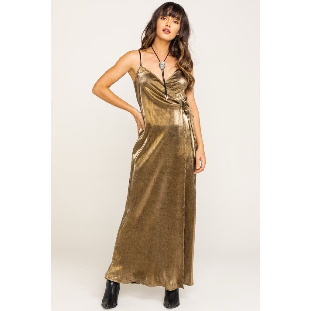 SHOW ME YOUR MUMU Jane Jumpsuit Gold Metallic Wrap Tie Waist Party Glam Small