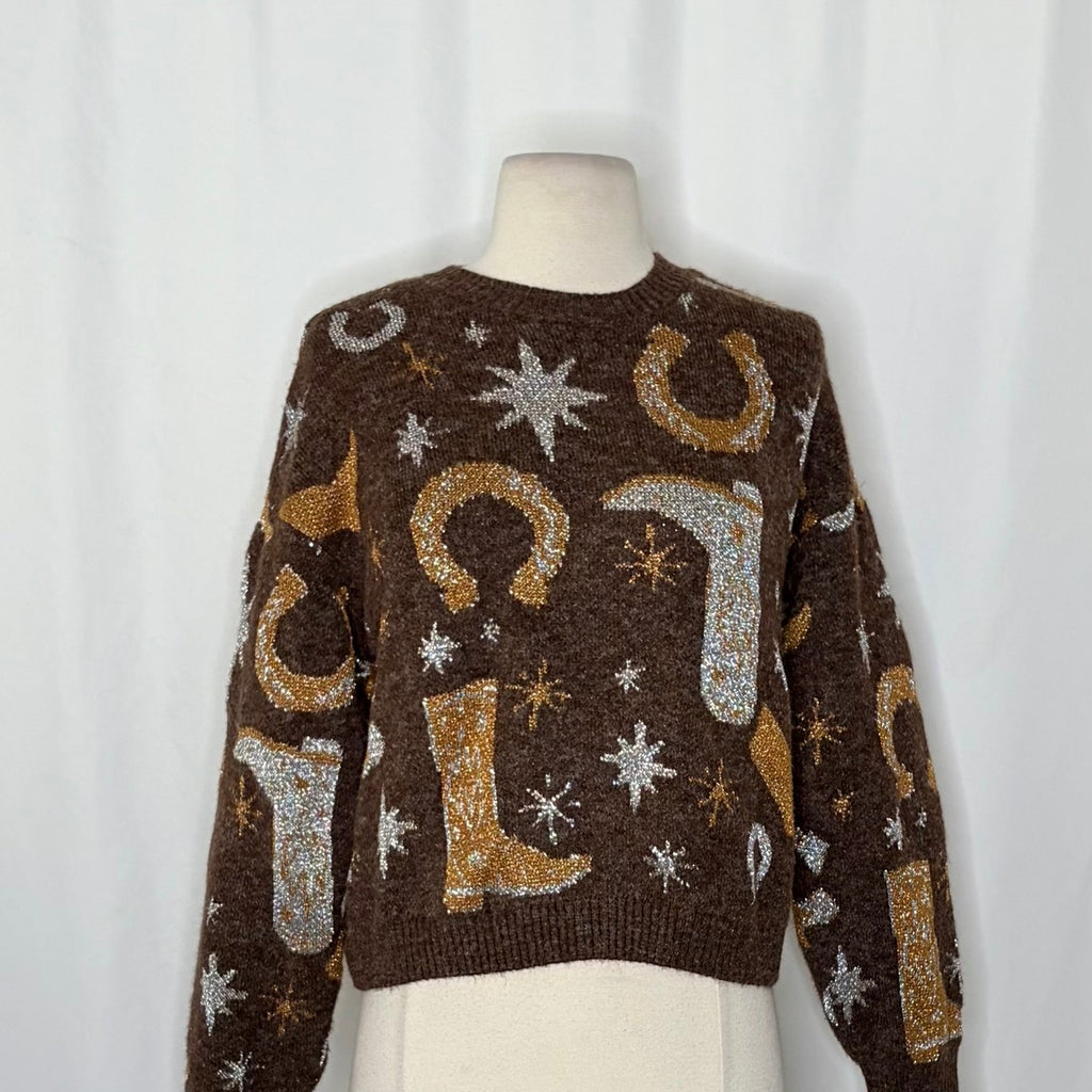 ZARA Western Cosmic Cowboy Boots Stars Jacquard Sweater Metallic Crewneck Small
