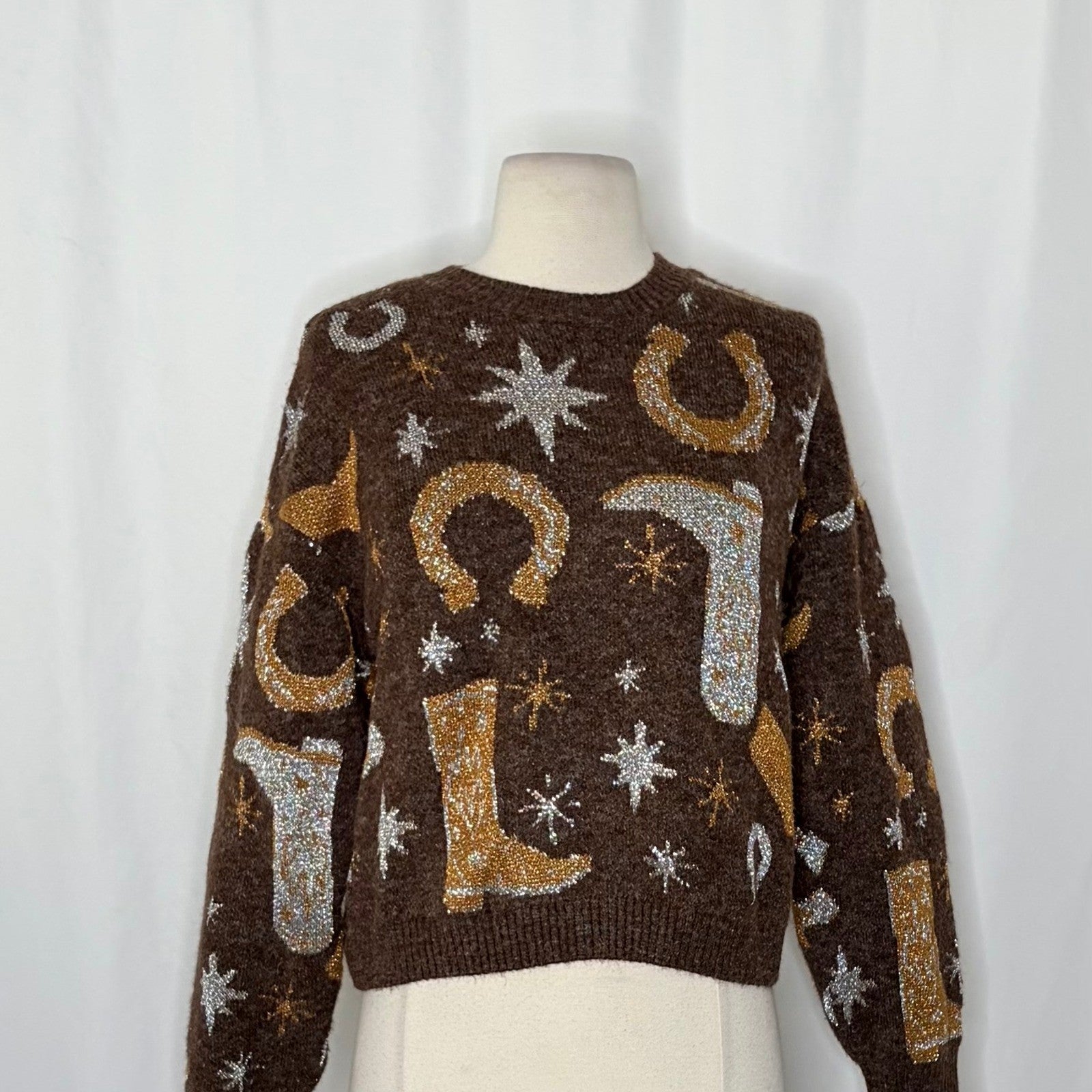 ZARA Western Cosmic Cowboy Boots Stars Jacquard Sweater Metallic Crewneck Small