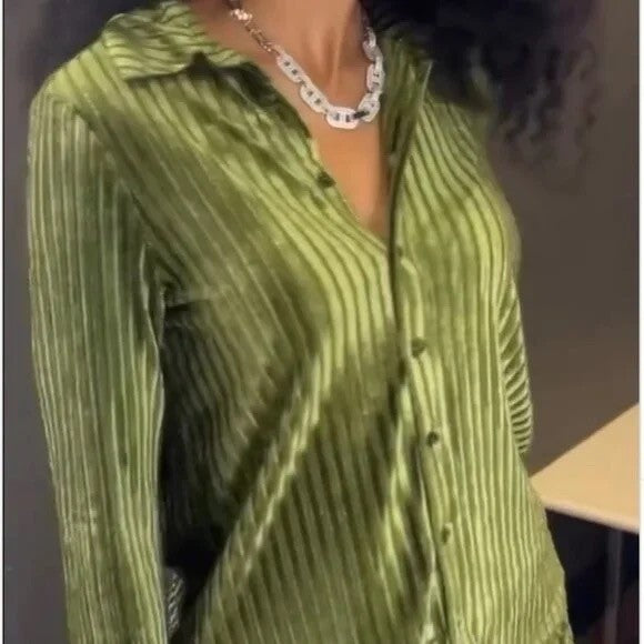 HOUSE OF HARLOW 1960 Green Velvet Stripe Buttondown Shirt Top Metallic Small