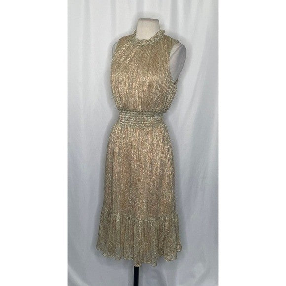 DRAPER JAMES Gold Metallic Smocked Sleeveless Dress Party Holidays Medium