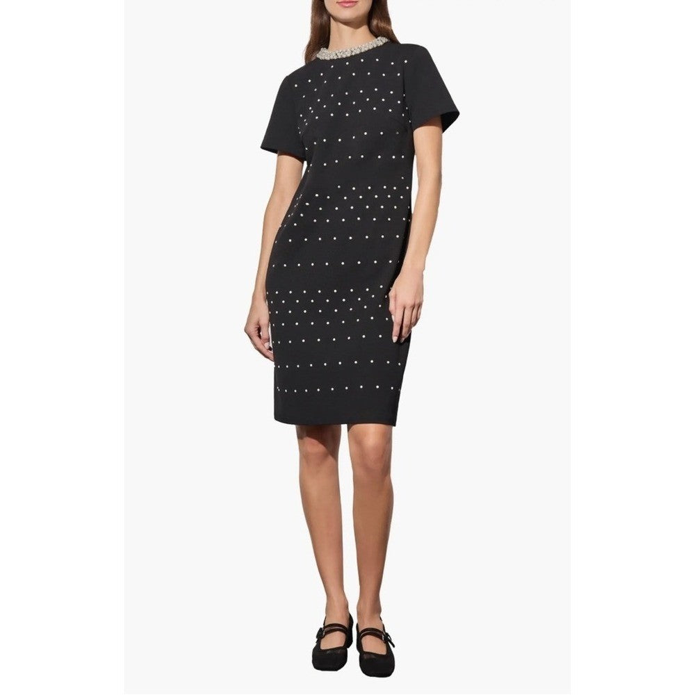 NWT!! MING WANG Heritage Fit Embellished Crepe Sheath Dress Black Pearls X-Small