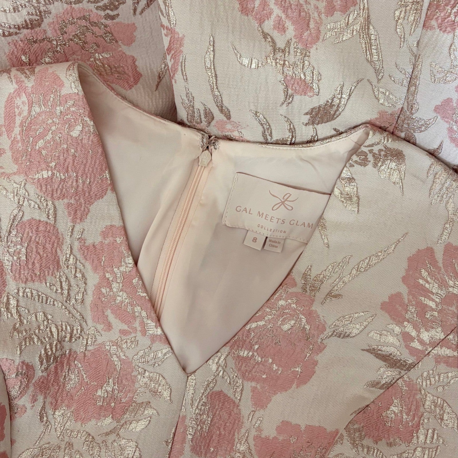 GAL MEETS GLAM Adair Pink Pearl Floral Jacquard Dress Fit N' Flare Pockets 8