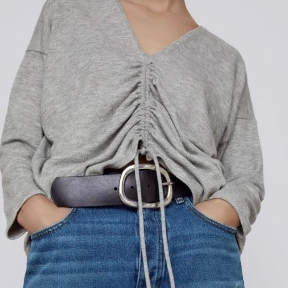 ZARA Heathered Gray Cinched Sweater V Neck Pullover Cinchable Cinched Top Large
