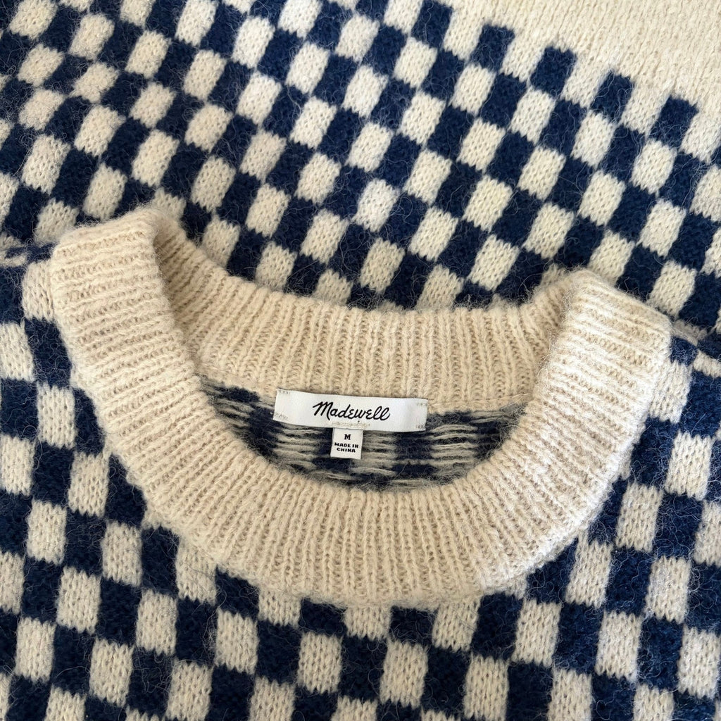 MADEWELL Crewneck Sweater Checked Stripe Classic Indigo Blue Ivory Knit Medium