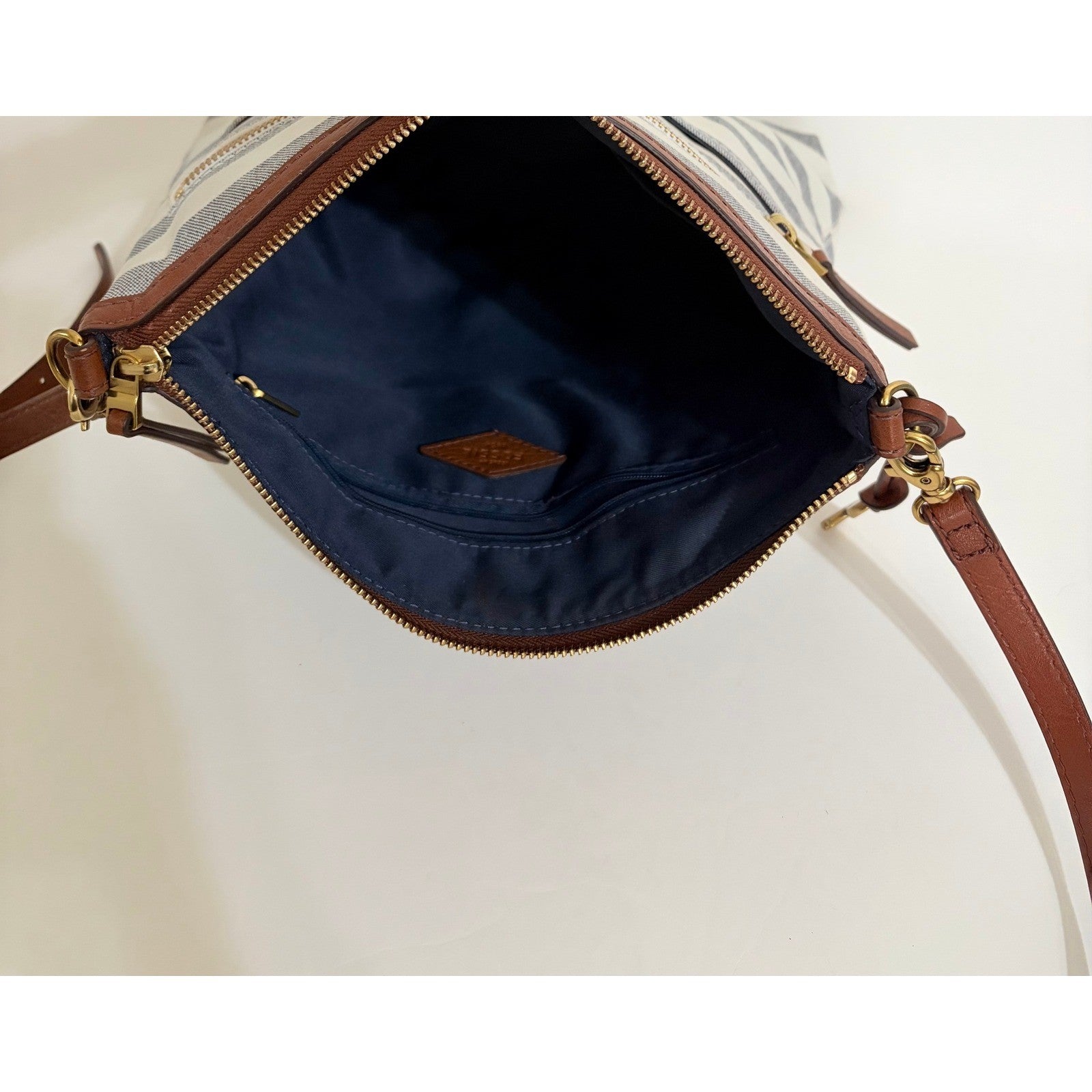 FOSSIL Fiona Blue WhiteStripe Large Crossbody Bag Purse Brown Faux Leather