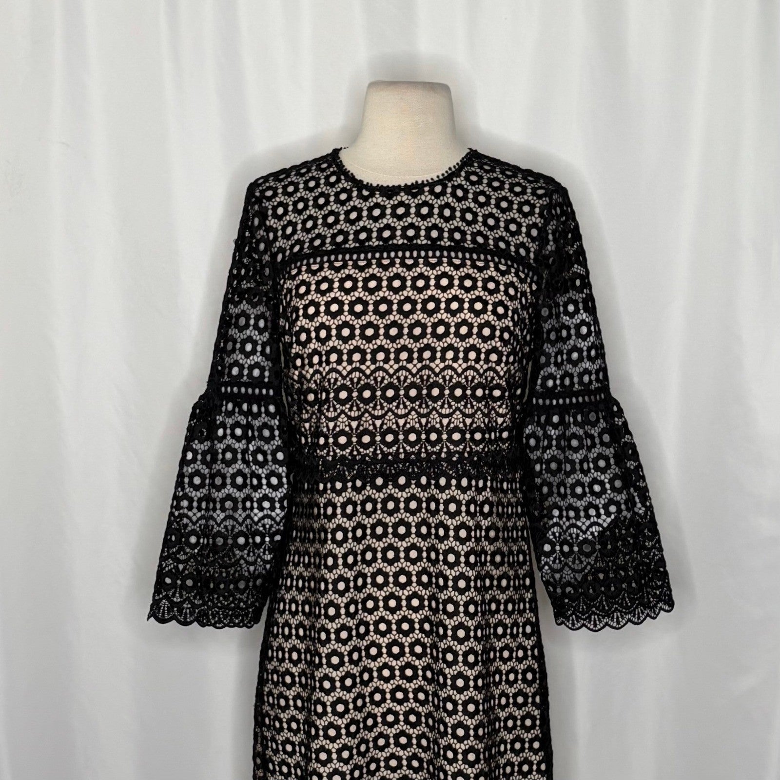 J. CREW Bell Sleeve Black Daisy Guipure Lace Cocktails Little Black Dress 2