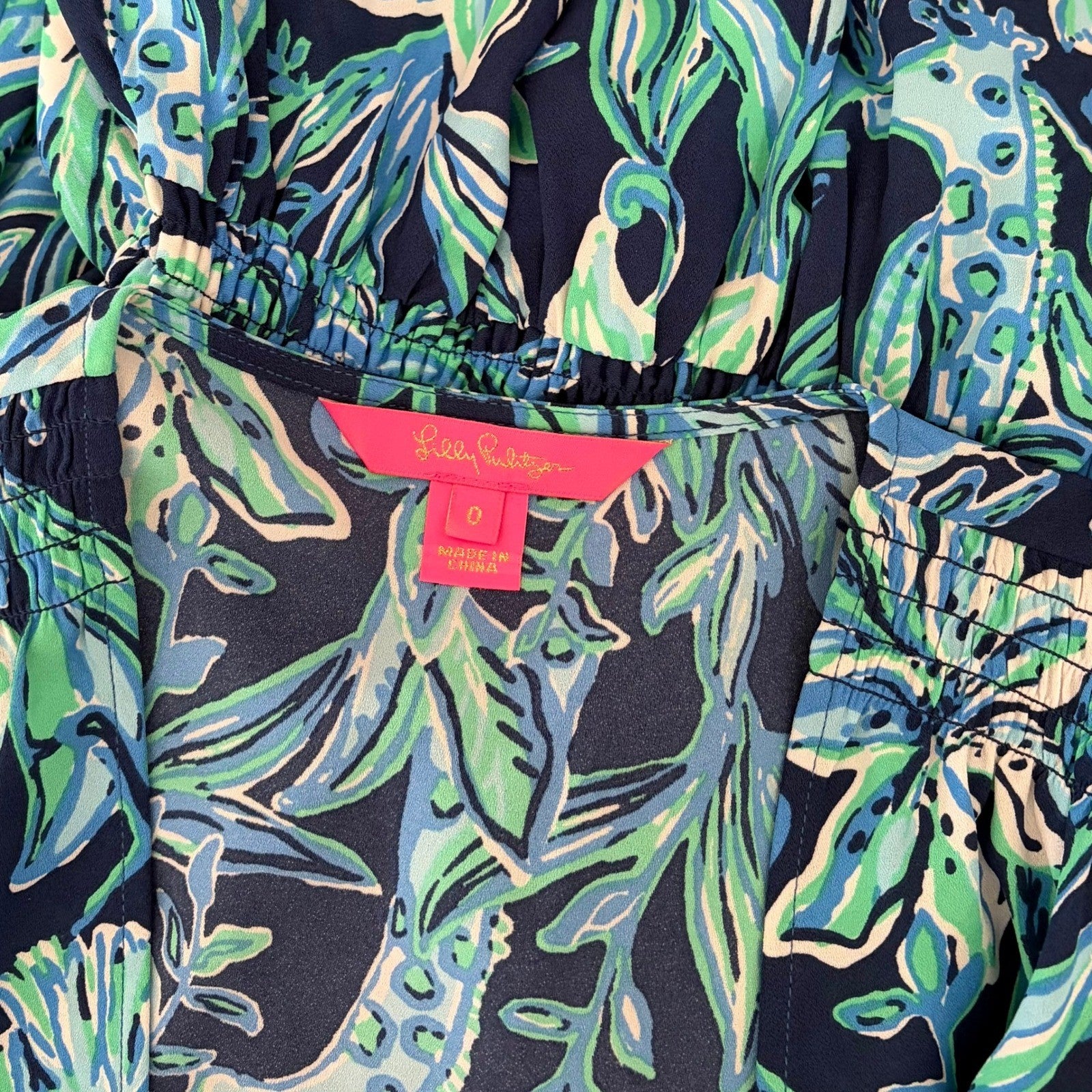 LILLY PULITZER Cristiana Dress High Tide Navy Take It Or Leaf It Smocked 0