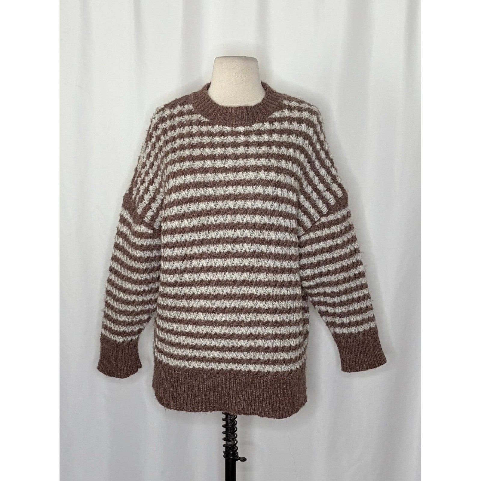 ZARA Wool Chunky Knit Oversized Sweater Brown Grey Stripes Pullover Knit Small