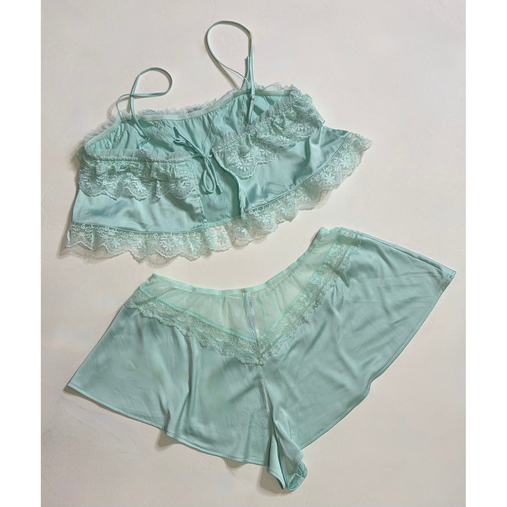 ANTHROPOLOGIE Two Piece Set Crop Lace Ruffle Cami Short Mint Green Lacey Medium
