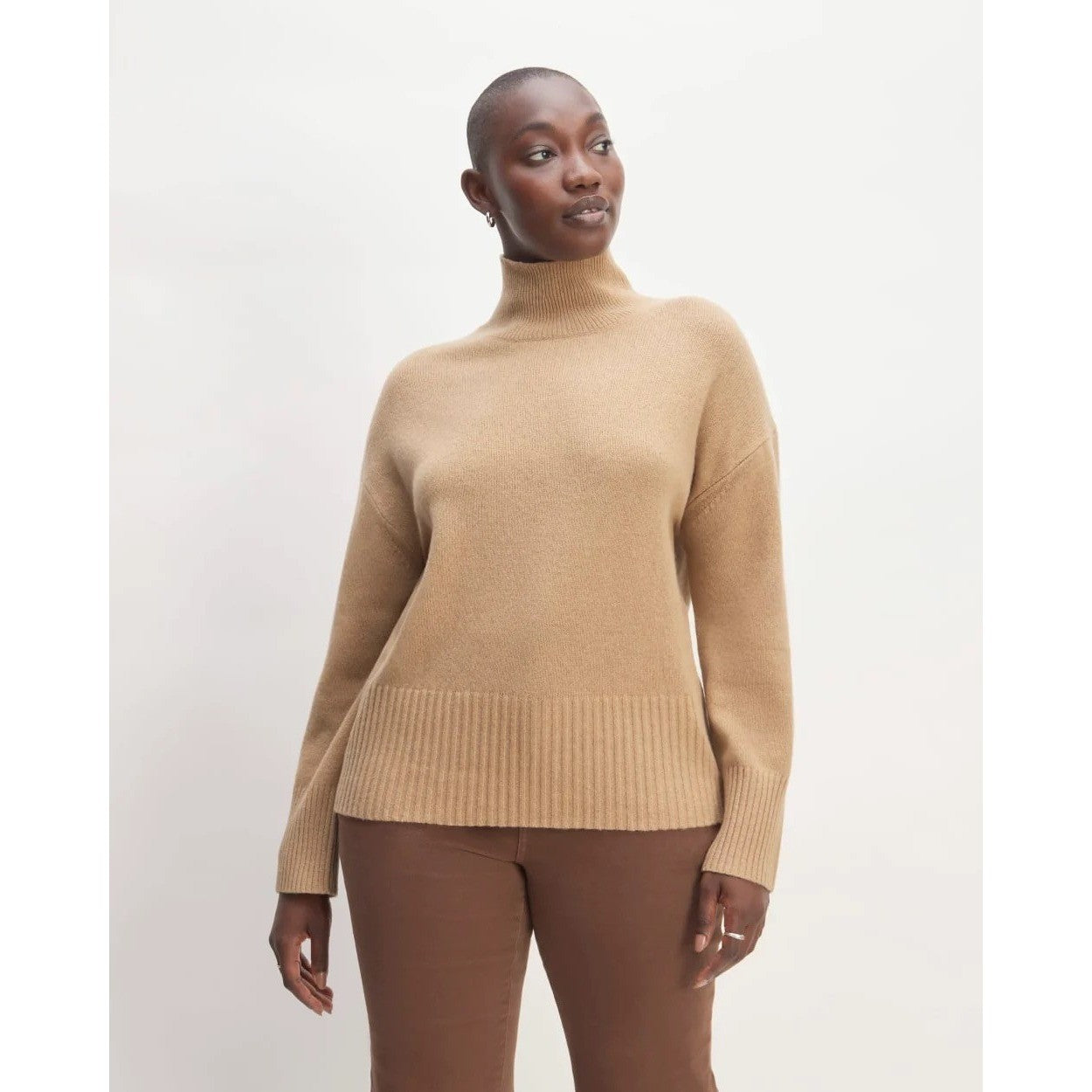 EVERLANE The ReCashmere Oversized Turtleneck Sweater Mock Neck Solid Tan Large